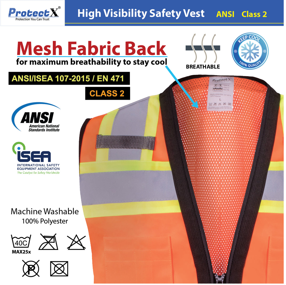 Safety Vest Orange-Black Class 2 Hi-Visibility Solid Front Mesh Back with 6  Pockets, ANSI/ISEA Certified