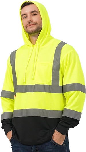 ProtectX Men's High Visibility Hooded Neon Green Heavy Duty Long Sleeve Reflective Safety Shirts for Construction, Class 2-3 Type R