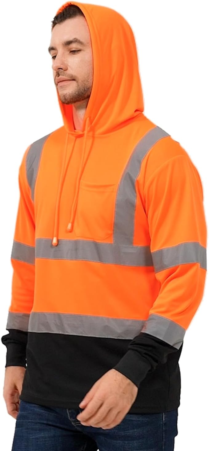 ProtectX Men's High Visibility Hooded Orange Heavy Duty Long Sleeve Reflective Safety Shirts for Construction, Class 2-3 Type R