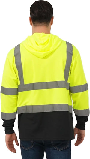 ProtectX Men's High Visibility Hooded Neon Green Heavy Duty Long Sleeve Reflective Safety Shirts for Construction, Class 2-3 Type R