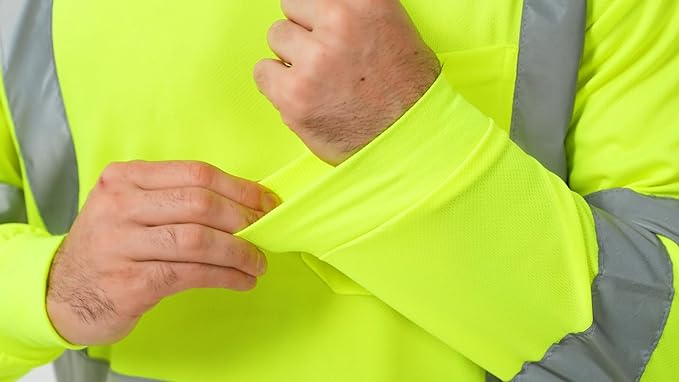 ProtectX Men's High Visibility Neon Green Long Sleeve Elastic Reflective Safety T-Shirts for Construction, Class 2-3 Type R