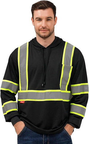 ProtectX Men's Hooded Black High Visibility Heavy Duty Long Sleeve Reflective Safety Shirts for Construction 3-Pack