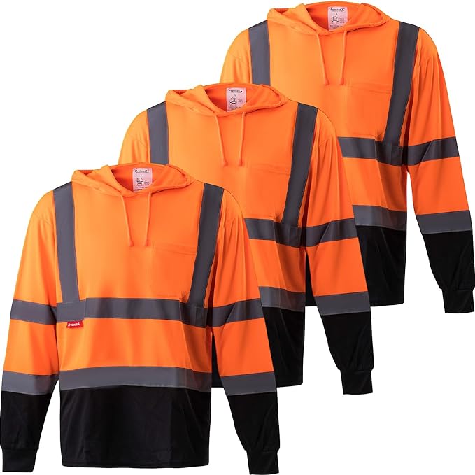 ProtectX Men's High Visibility Hooded Orange Heavy Duty Long Sleeve Reflective Safety Shirts for Construction, Class 2-3 Type R