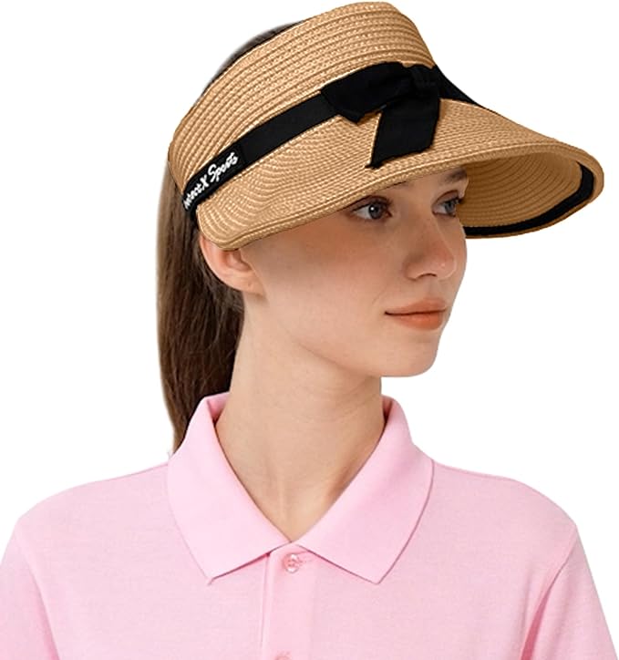 ProtectX Women's Sun Visor Hats, Wide Brim Straw Beach Cap