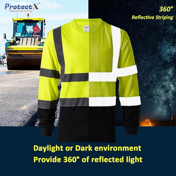 ProtectX Men's High Visibility Neon Green Heavy Duty Long Sleeve Reflective  Safety T-Shirts for Construction, Class 2-3 Type R