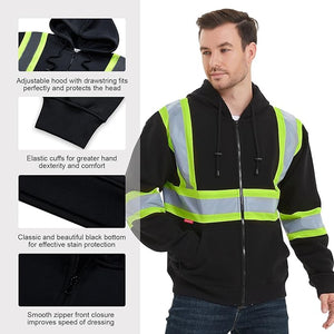 ProtectX Black Zippered High Visibility Safety Reflective Sweatshirt with Large Pockets