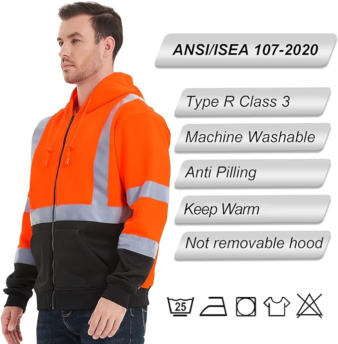ProtectX Orange Zippered High Visibility Safety Reflective Sweatshirt with Large Pockets Class 3