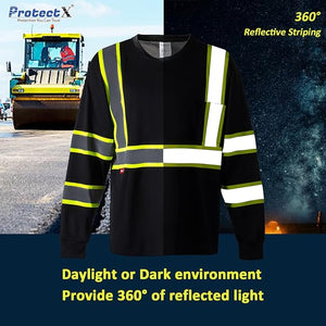 ProtectX Men's High Visibility Black Heavy Duty Long Sleeve Reflective Safety Shirts for Construction 3-Pack