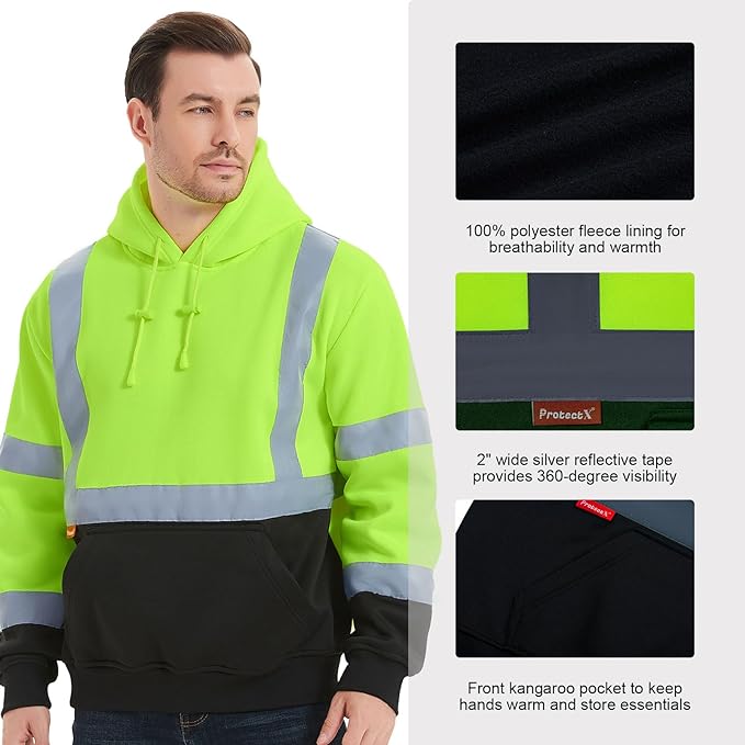 ProtectX Green Pullover High Visibility Safety Reflective Sweatshirt with Large Pockets Class 3