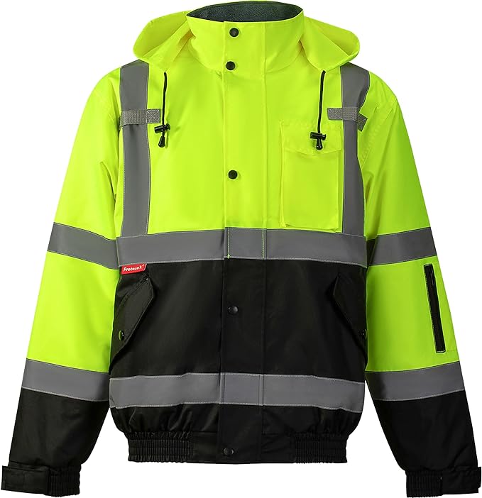 ProtectX Winter Class 3 Hi Vis Safety Waterproof Bomber Jacket for Men, High Visibility Reflective Jacket - Neon Green