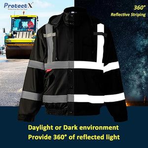 ProtectX Winter Class 3 Hi Vis Safety Waterproof Bomber Jacket for Men, High Visibility Reflective Jacket - Black