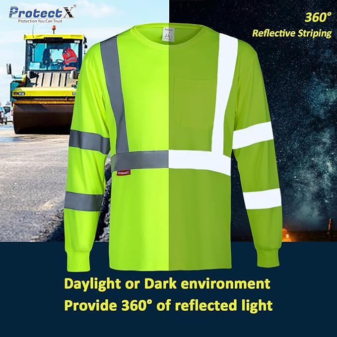 ProtectX Men's High Visibility Neon Green Long Sleeve Elastic Reflective Safety T-Shirts for Construction, Class 2-3 Type R