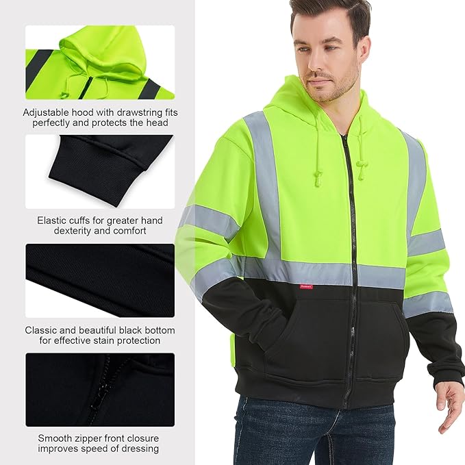 ProtectX Green Zippered High Visibility Safety Reflective Sweatshirt with Large Pockets Class-3