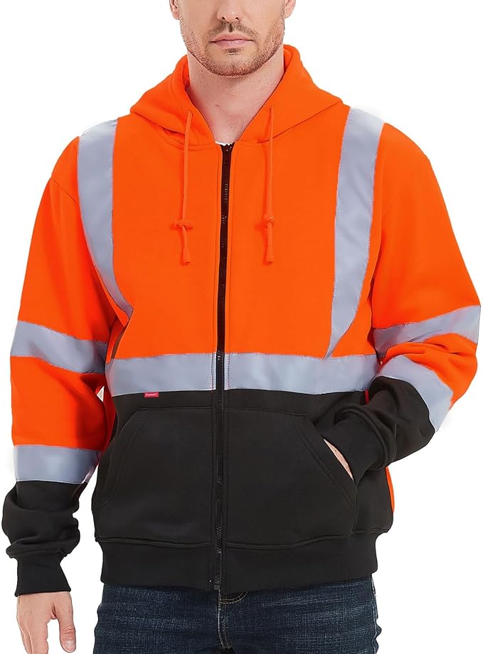 ProtectX Orange Zippered High Visibility Safety Reflective Sweatshirt with Large Pockets Class 3