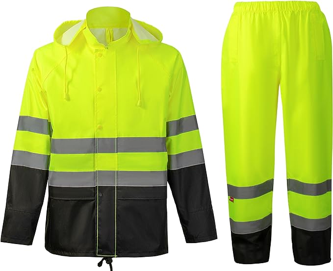 ProtectX Safety High Visibility Reflective Rain Suit Including Jacket and Pants - Neon Green