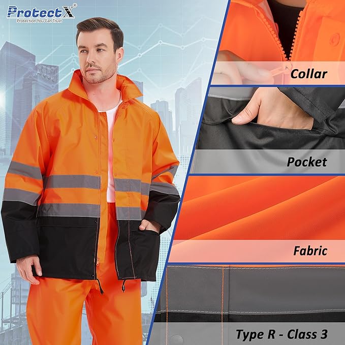 ProtectX Safety High Visibility Reflective Rain Suit Including Jacket and Pants - Orange