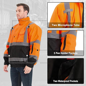 ProtectX Winter Class 3 Hi Vis Safety Waterproof Bomber Jacket for Men, High Visibility Reflective Jacket - Neon Orange