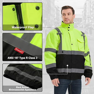 ProtectX Winter Class 3 Hi Vis Safety Waterproof Bomber Jacket for Men, High Visibility Reflective Jacket - Neon Green