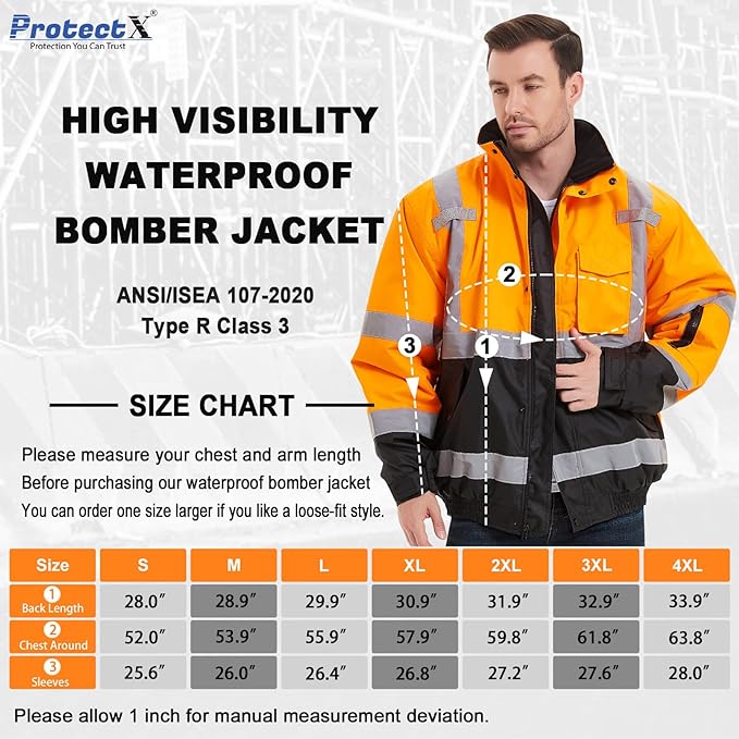 ProtectX Winter Class 3 Hi Vis Safety Waterproof Bomber Jacket for Men, High Visibility Reflective Jacket - Neon Orange