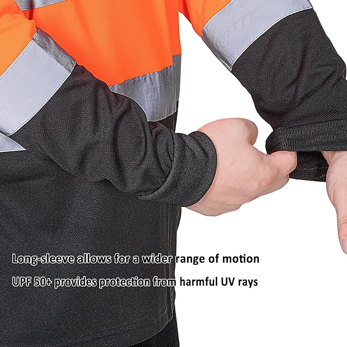 ProtectX Men's High Visibility Orange Heavy Duty Long Sleeve Reflective Safety T-Shirts for Construction, Class 2-3 Type R