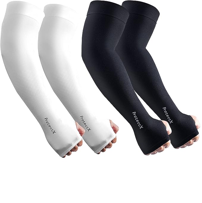 ProtectX Cooling UV Protection Black White Thumb-Hole Arm Sleeves for Men & Women - Breathable, Moisture-Wicking, Compression