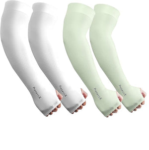 ProtectX Cooling UV Protection White Green Thumb-Hole Arm Sleeves for Men & Women - Breathable, Moisture-Wicking, Compression