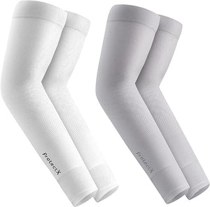 ProtectX Cooling UV Protection White Gray Arm Sleeves for Men & Women - Breathable, Moisture-Wicking, Compression