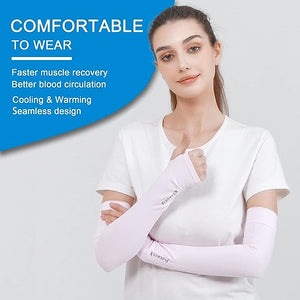ProtectX Cooling UV Protection Pink Blue Thumb-Hole Arm Sleeves for Men & Women - Breathable, Moisture-Wicking, Compression