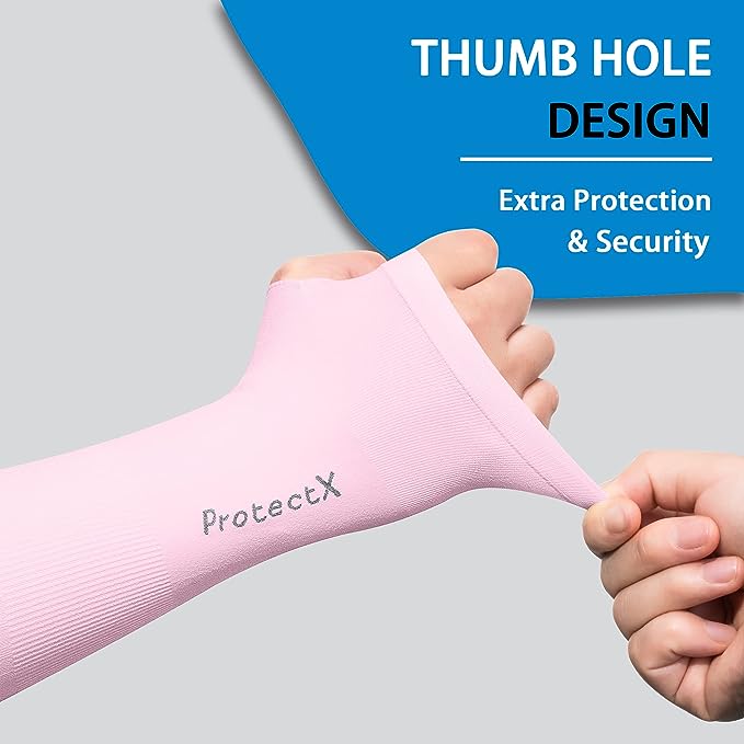 ProtectX Cooling UV Protection White Green Thumb-Hole Arm Sleeves for Men & Women - Breathable, Moisture-Wicking, Compression
