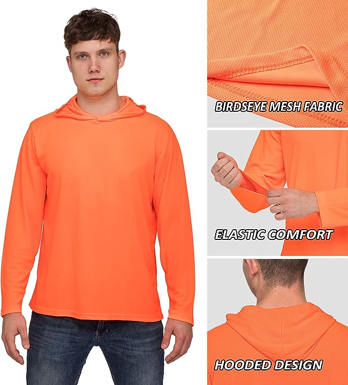 ProtectX 2-Pack Neon Orange High Visibility Lightweight Long Sleeve Hoodie, UPF 50+ Sun Protection T Shirts, SPF Outdoor UV Shirt