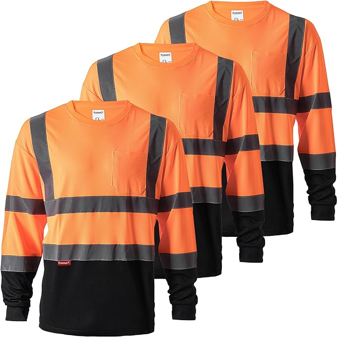ProtectX Men's High Visibility Orange Heavy Duty Long Sleeve Reflective Safety T-Shirts for Construction, Class 2-3 Type R