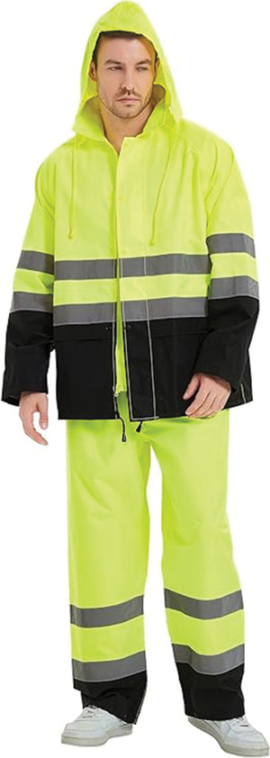 ProtectX Safety High Visibility Reflective Rain Suit Including Jacket and Pants - Neon Green