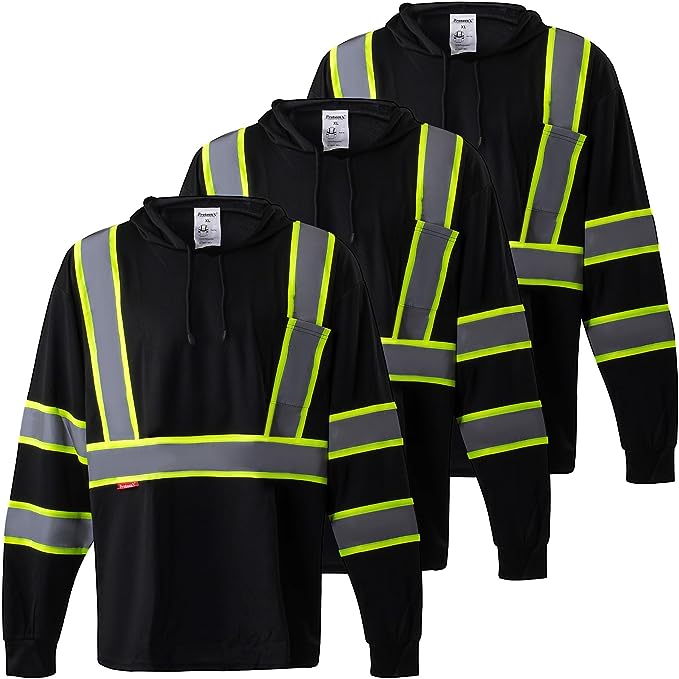 ProtectX Hooded Reflective High Visibility Black 3-Pack Heavy-Duty Long Sleeve Safety T-Shirt