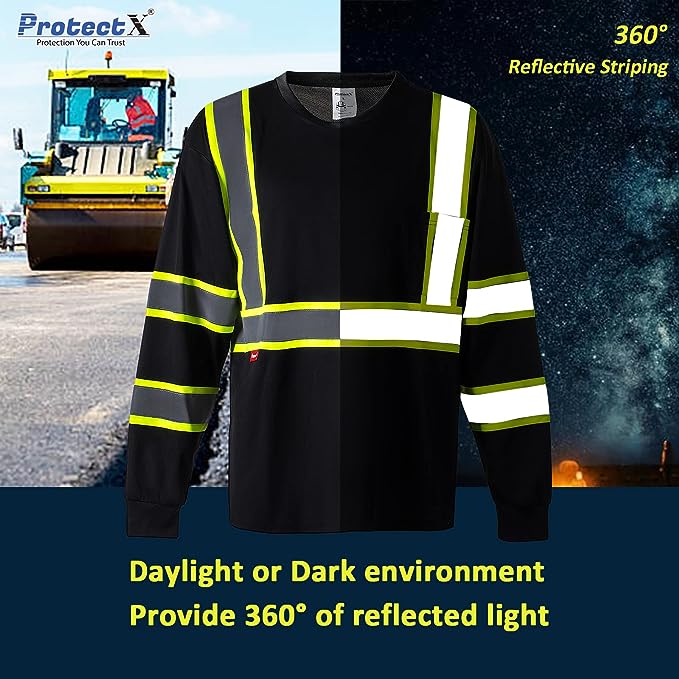 ProtectX Reflective Long Sleeve Black High Visibility 3-Pack Heavy-Duty Safety T-Shirt