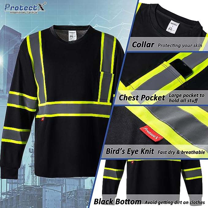 ProtectX Reflective Long Sleeve Black High Visibility 3-Pack Heavy-Duty Safety T-Shirt