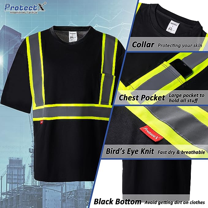 ProtectX Reflective Black Short Sleeve High Visibility 3-Pack Heavy-Duty Safety T-Shirt
