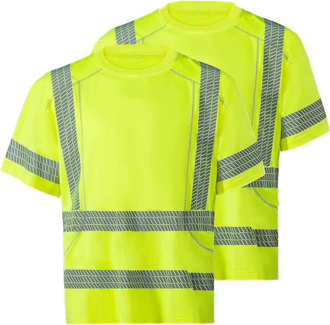 ProtectX 2-Pack High Visibility Green Short Sleeve Elastic Reflective Tape Safety T-Shirt, Men's Heavy Duty Breathable Hi Vis Shirts, Class 2 Type R (Copy)