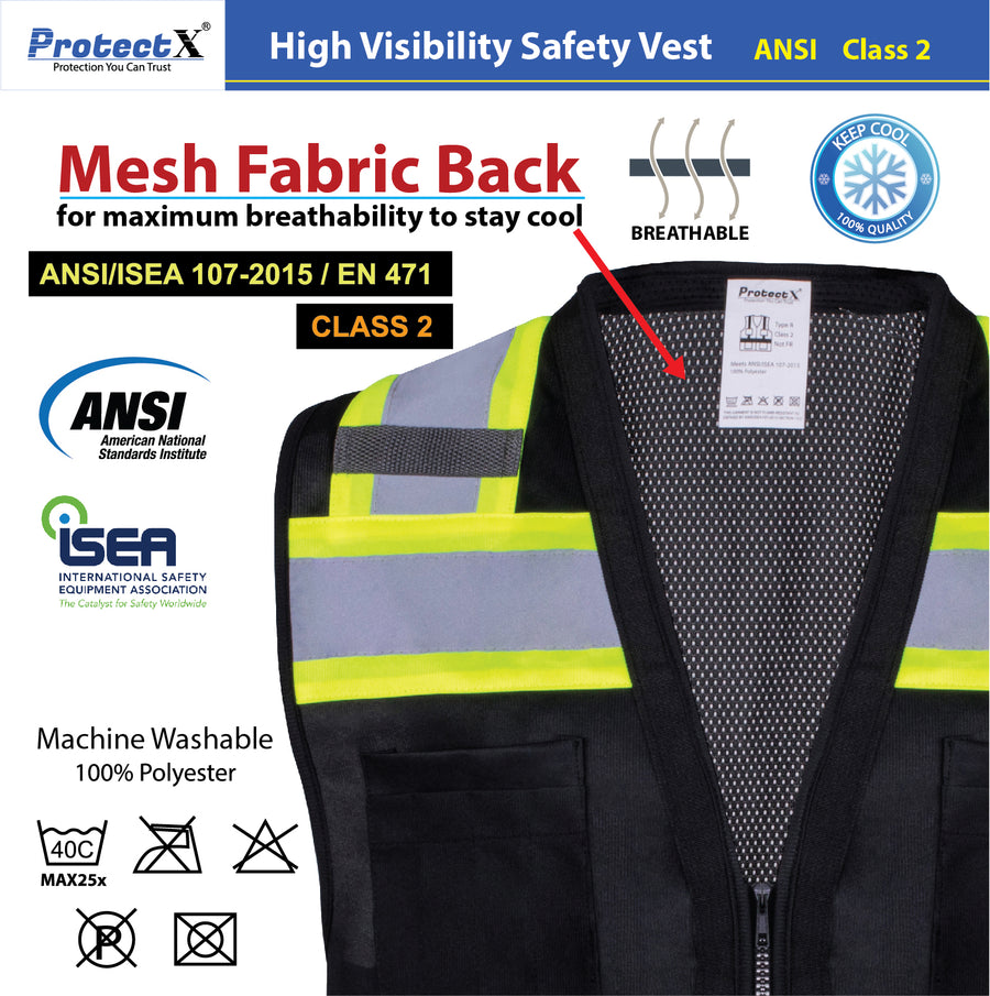 Safety Vest Black Class 2 Hi-Visibility Solid Front Mesh Back with 6 Pockets, ANSI/ISEA Certified
