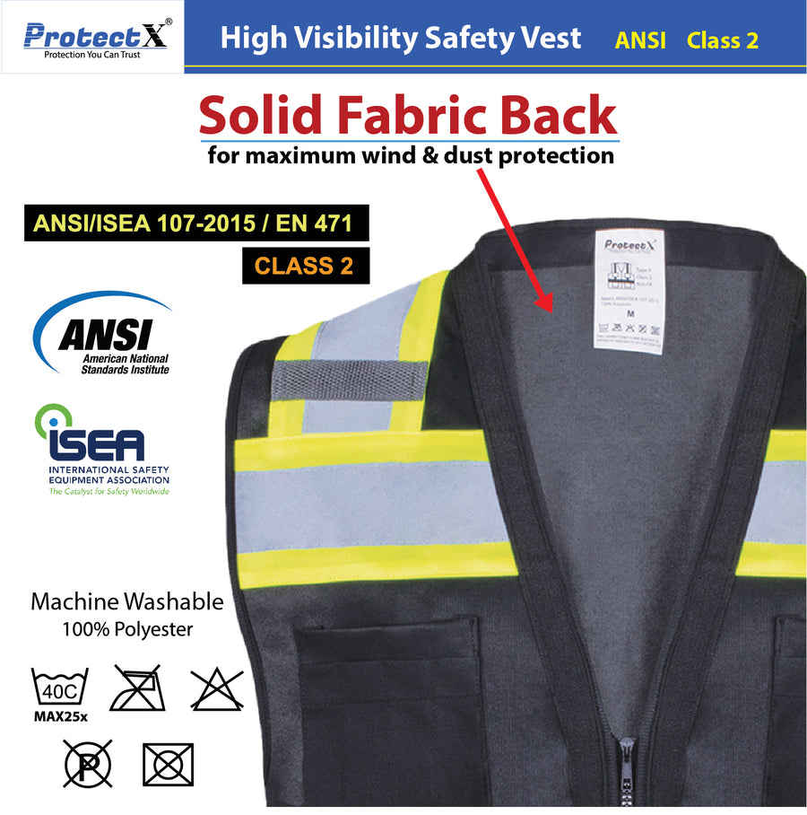 Safety Vest Black Class 2 Hi-Visibility All Solid Fabric with 6 Pockets, ANSI/ISEA Certified