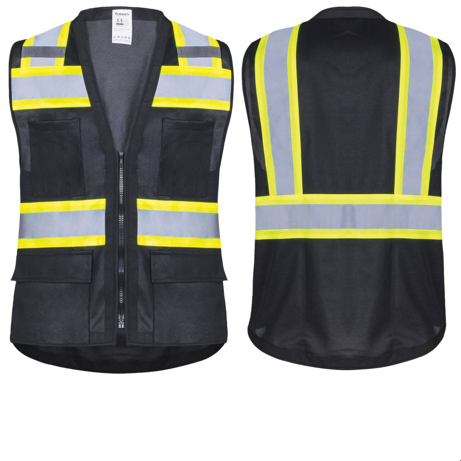 Safety Vest Black 10-Pack Class 2 Hi-Visibility All Solid Fabric with 6 Pockets, ANSI/ISEA Certified