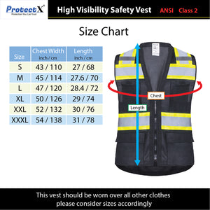 Safety Vest Black Class 2 Hi-Visibility All Solid Fabric with 6 Pockets, ANSI/ISEA Certified