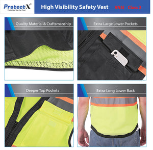 Safety Vest Green-Black 10-Pack Class 2 Hi-Visibility Solid Front Mesh Back with 6 Pockets, ANSI/ISEA Certified
