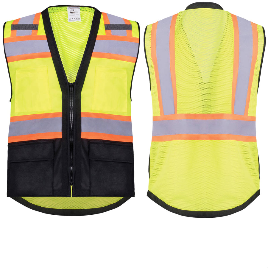 Safety Vest Green-Black 10-Pack Class 2 Hi-Visibility Solid Front Mesh Back with 6 Pockets, ANSI/ISEA Certified
