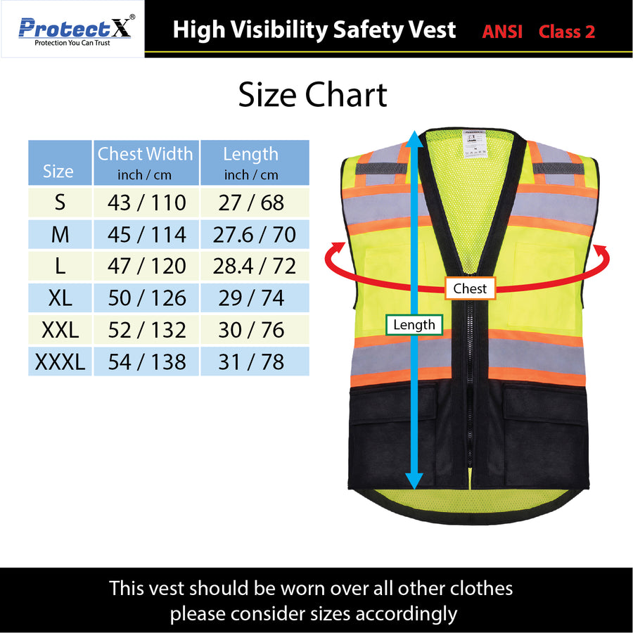 Safety Vest Green-Black Class 2 Hi-Visibility Solid Front Mesh Back with 6 Pockets, ANSI/ISEA Certified