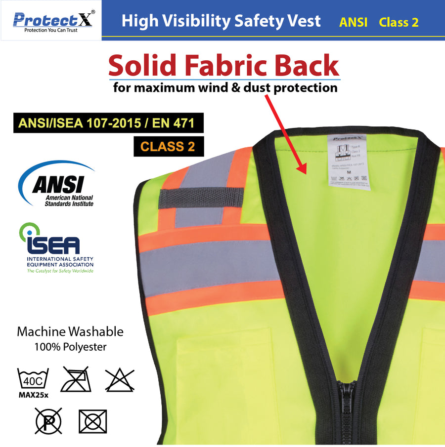 Safety Vest Green-Black Class 2 Hi-Visibility All Solid Fabric with 6 Pockets, ANSI/ISEA Certified