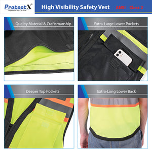 Safety Vest Green-Black Class 2 Hi-Visibility All Solid Fabric with 6 Pockets, ANSI/ISEA Certified