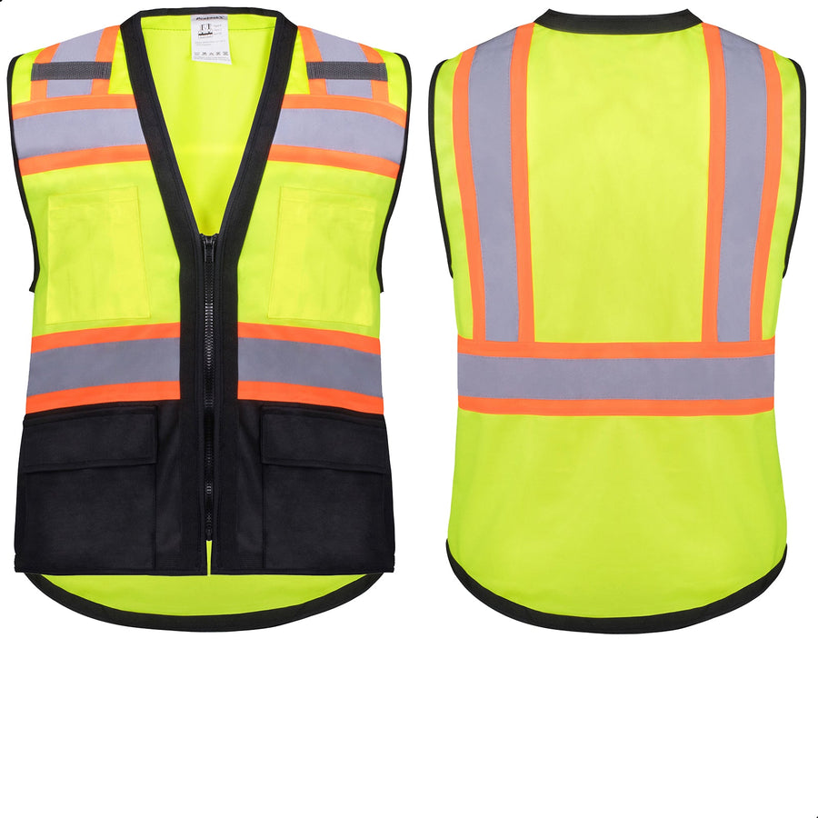 Safety Vest Green-Black 10-Pack Class 2 Hi-Visibility All Solid Fabric with 6 Pockets, ANSI/ISEA Certified