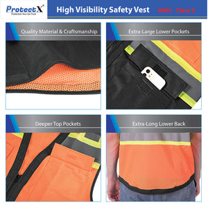 Safety Vest Orange-Black 10-Pack Class 2 Hi-Visibility Solid Front Mesh Back with 6 Pockets, ANSI/ISEA Certified