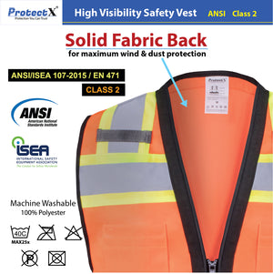 Safety Vest Orange-Black, Class 2 Hi-Visibility All Solid Fabric with 6 Pockets, ANSI/ISEA Certified