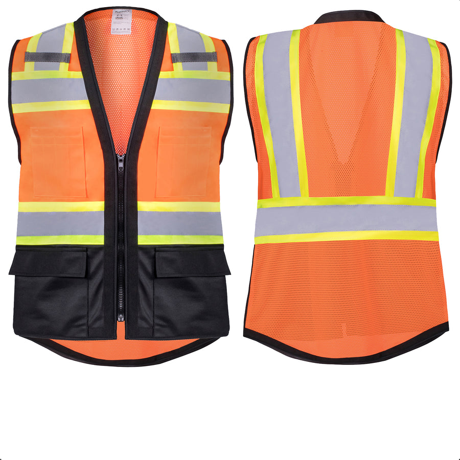 Safety Vest Orange-Black Class 2 Hi-Visibility Solid Front Mesh Back with 6 Pockets, ANSI/ISEA Certified